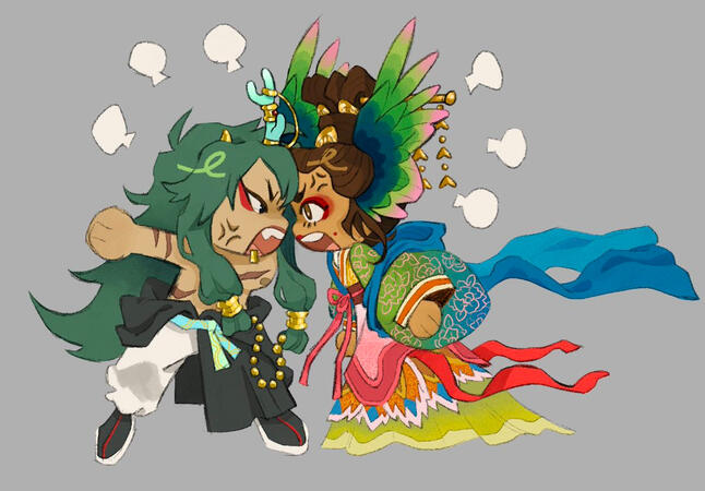 Dragon and Phoenix fighting chibis